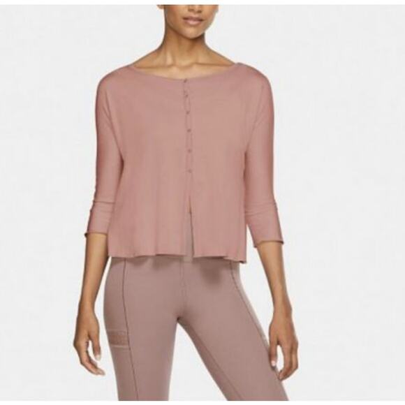 Nike Yoga Cardigan Sweater WMNS XXL Pink Snap Closure 3/4 Sleeve Dri-Fit Stretch - Picture 2 of 9